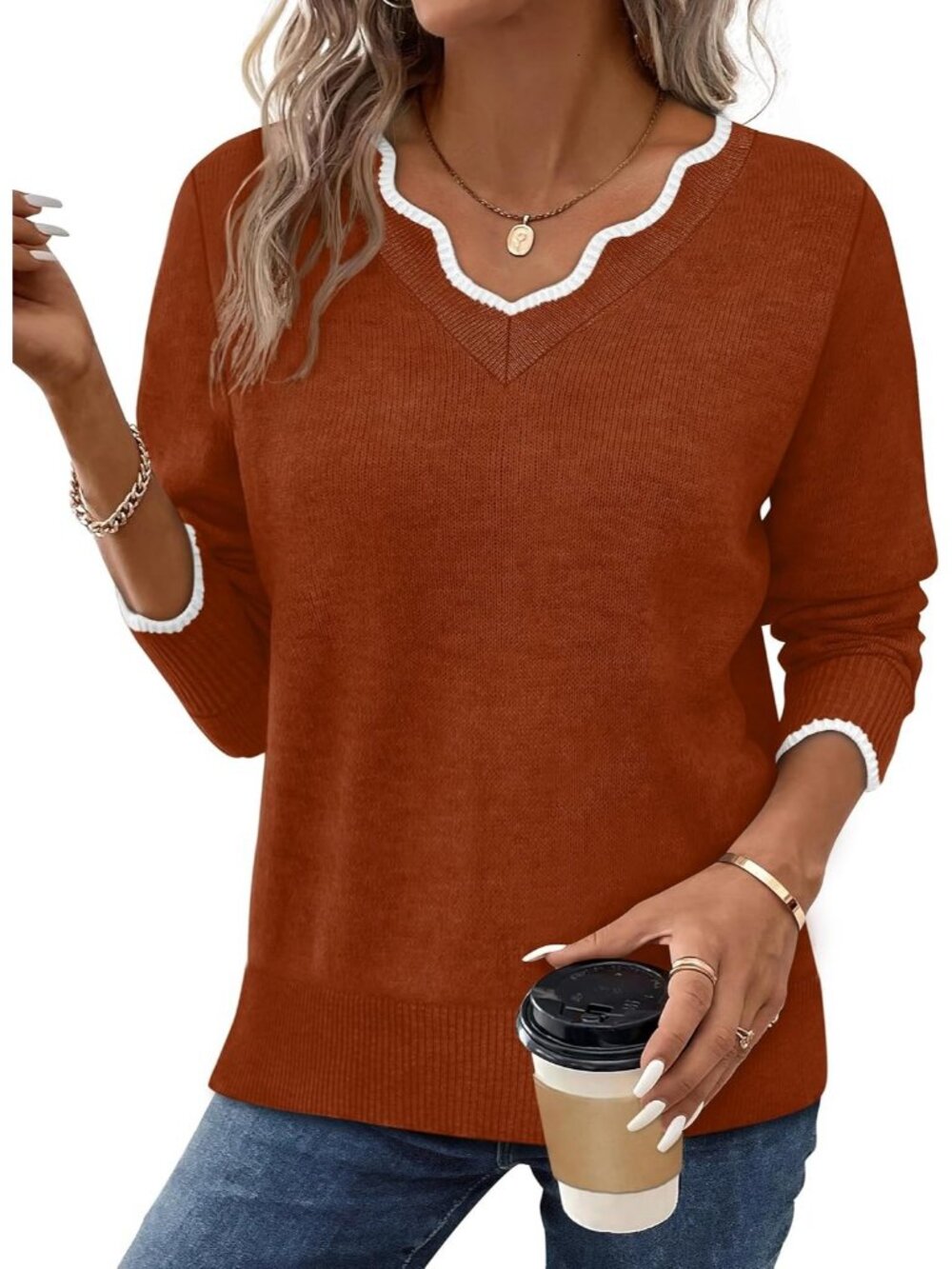 🆕Women's Caramel V Neck Cozy Lightweight Long Sleeve Fall Pullover Sweater Tops